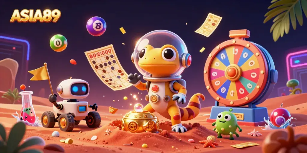Experience the thrilling ASIA89 casino adventures with a Martian gecko exploring a golden treasure