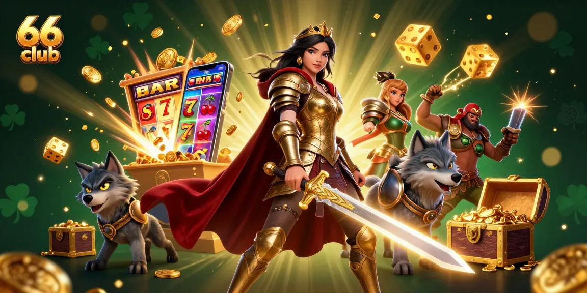 Action-packed scene showcasing the 66 club with a warrior queen and casino elements exploding with excitement.