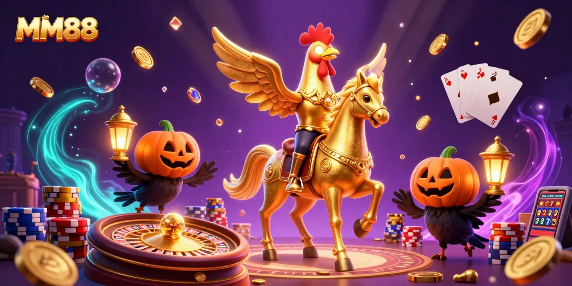 Experience the excitement of MM88 with a vibrant casino scene featuring golden rooster and lanterns.
