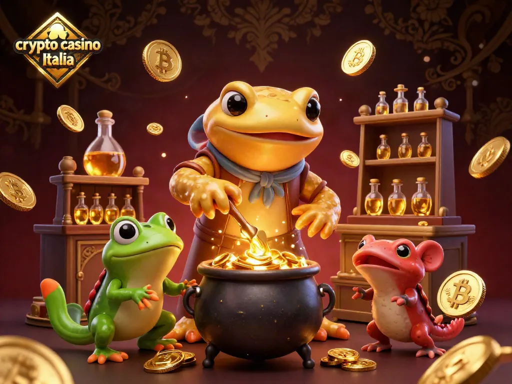 Immagine dinamica di un laboratorio alchemico del crypto casino Italia con personaggi animati e monete digitali.