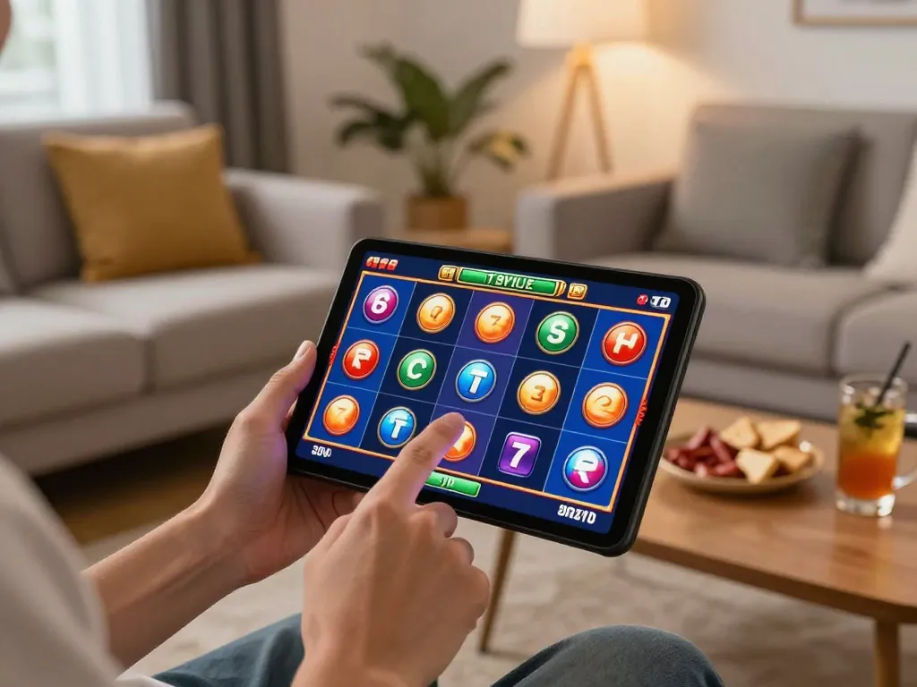 Player enjoying an exciting uu88 casino slot game on a mobile device in a cozy home setting.