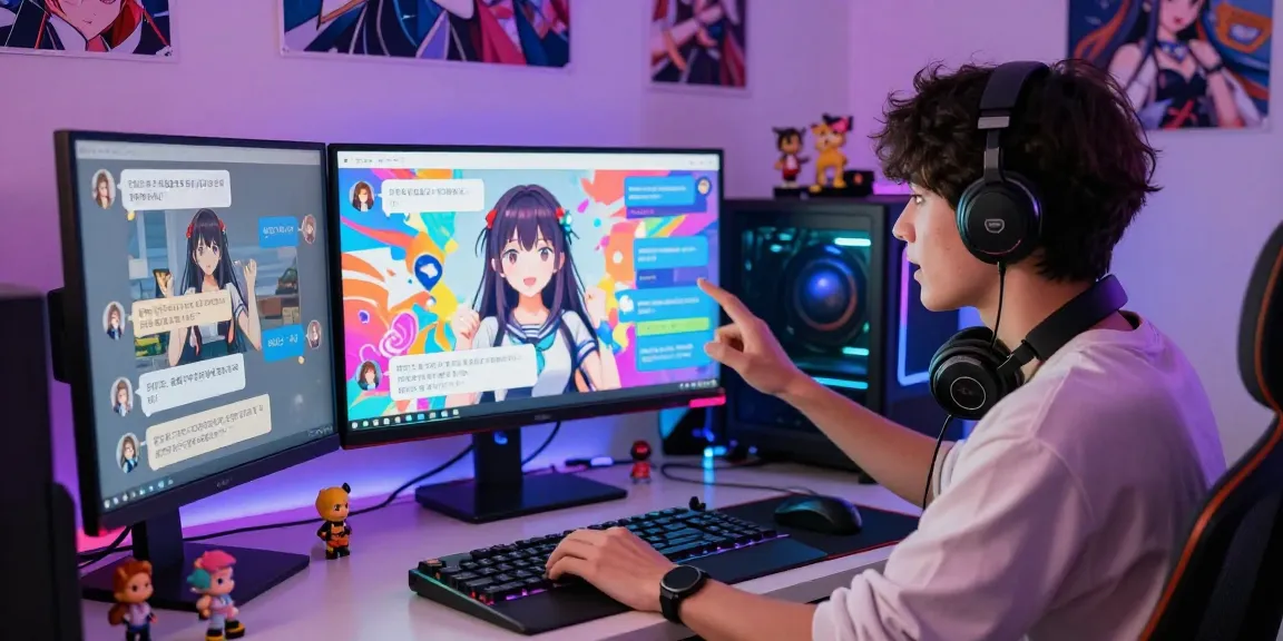 Engaging with hentai chat AI in a modern digital workspace filled with vibrant anime art.