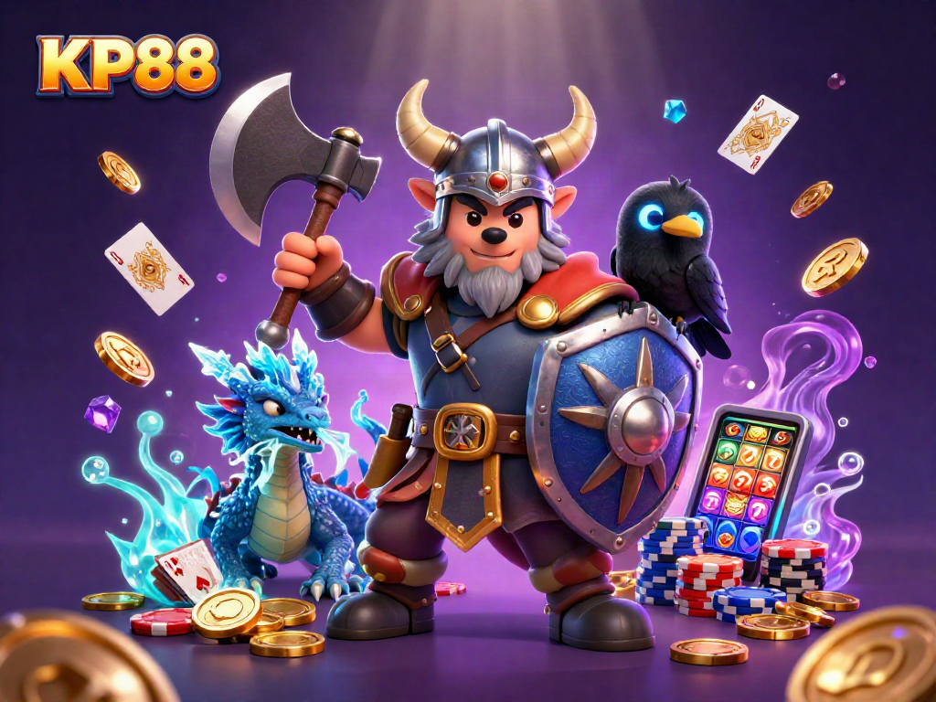 Experience the thrilling KP88 casino world with a Viking wolf warrior, dragon, and vibrant gaming elements.