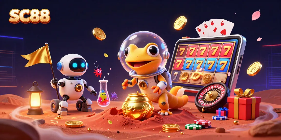 Engage with SC88's vibrant 3D casino scene featuring a Martian gecko among games and coins.