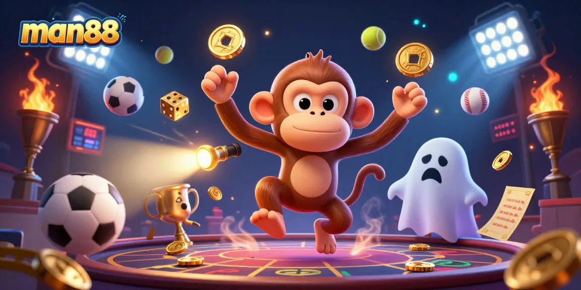 Experience thrilling moments with man88, featuring an animated monkey and puppy in a vibrant casino.