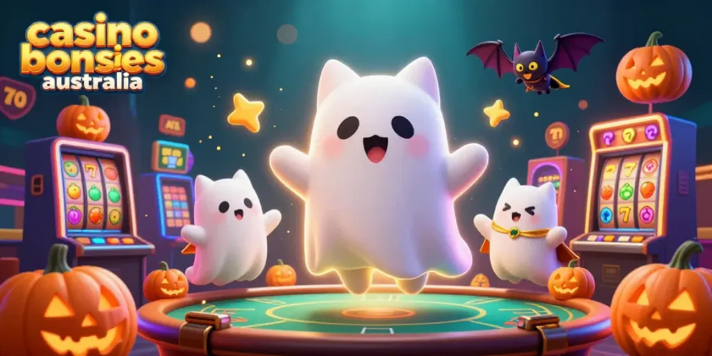 Engage in the excitement of casino bonuses australia with a vibrant scene featuring a friendly ghost cat and bat amidst slot machines.