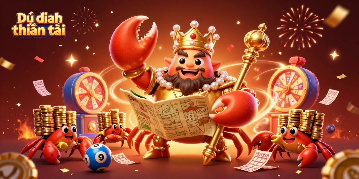 Dự đoán thần tài highlights lottery trends with a vibrant illustration of a golden crab emperor and festive elements.
