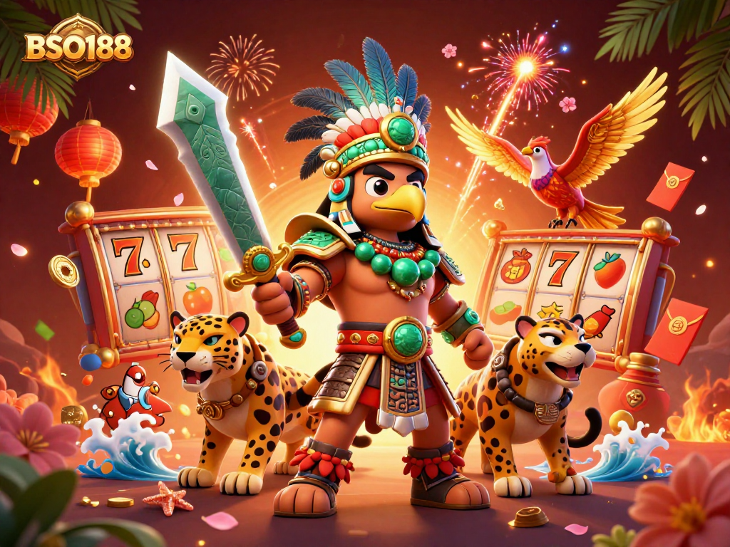 Experience thrilling gaming with BSO188's vibrant slot scene featuring dynamic Aztec warriors.