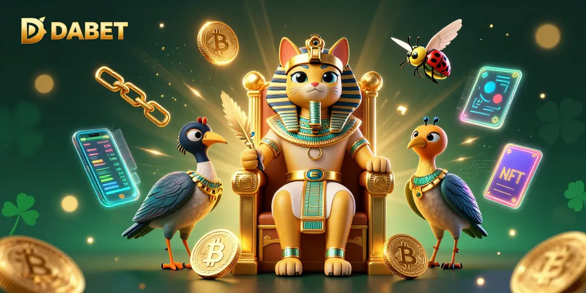 Engage with DABET's rich gaming experience in a vibrant 3D casino illustration showcasing Egyptian-themed characters and crypto elements.
