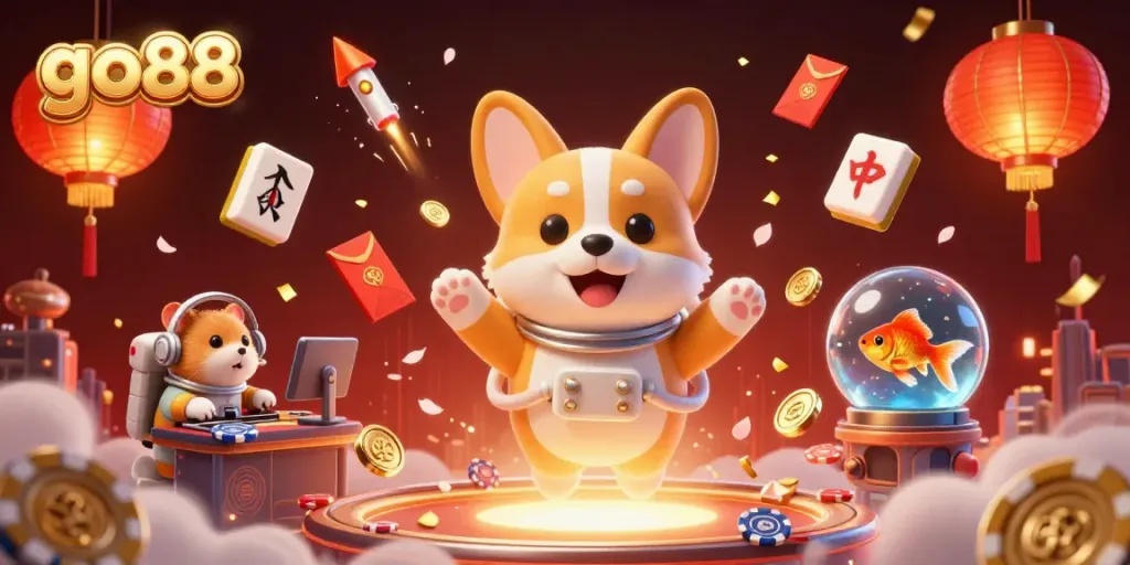 Experience the excitement of go88 in a vibrant, 3D floating casino scene rich with action.