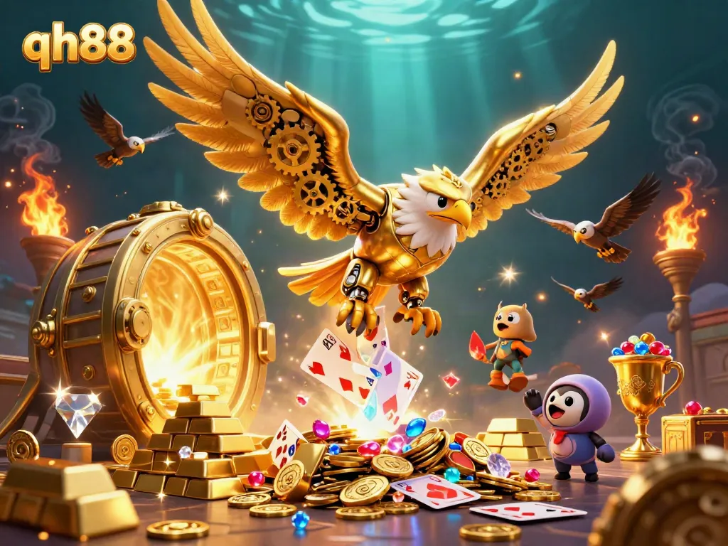 Experience the excitement of qh88 with a stunning illustration of a cybernetic eagle amidst treasures.