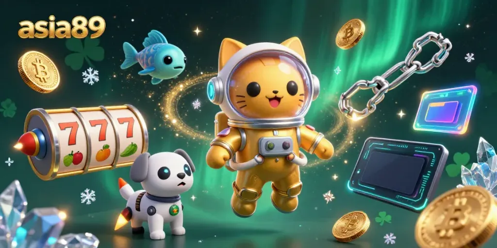 Engage in thrilling gaming at asia89 with a colorful 3D scene of an astronaut cat and robot dog, surrounded by slot machines.