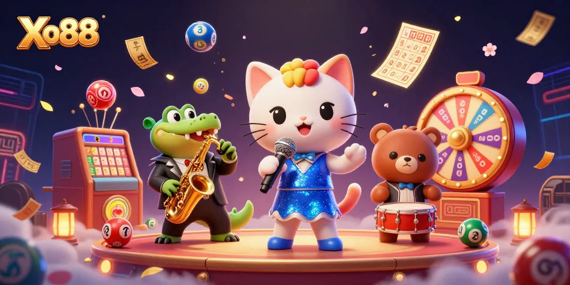 Xo88 brings excitement to life with a vibrant 3D casino scene featuring animated characters and dynamic lottery elements.