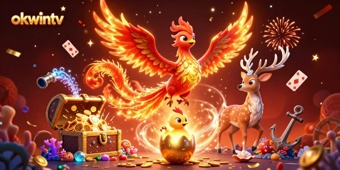 Engage with OKWINTV's immersive betting experience featuring a blazing phoenix and rich treasures.