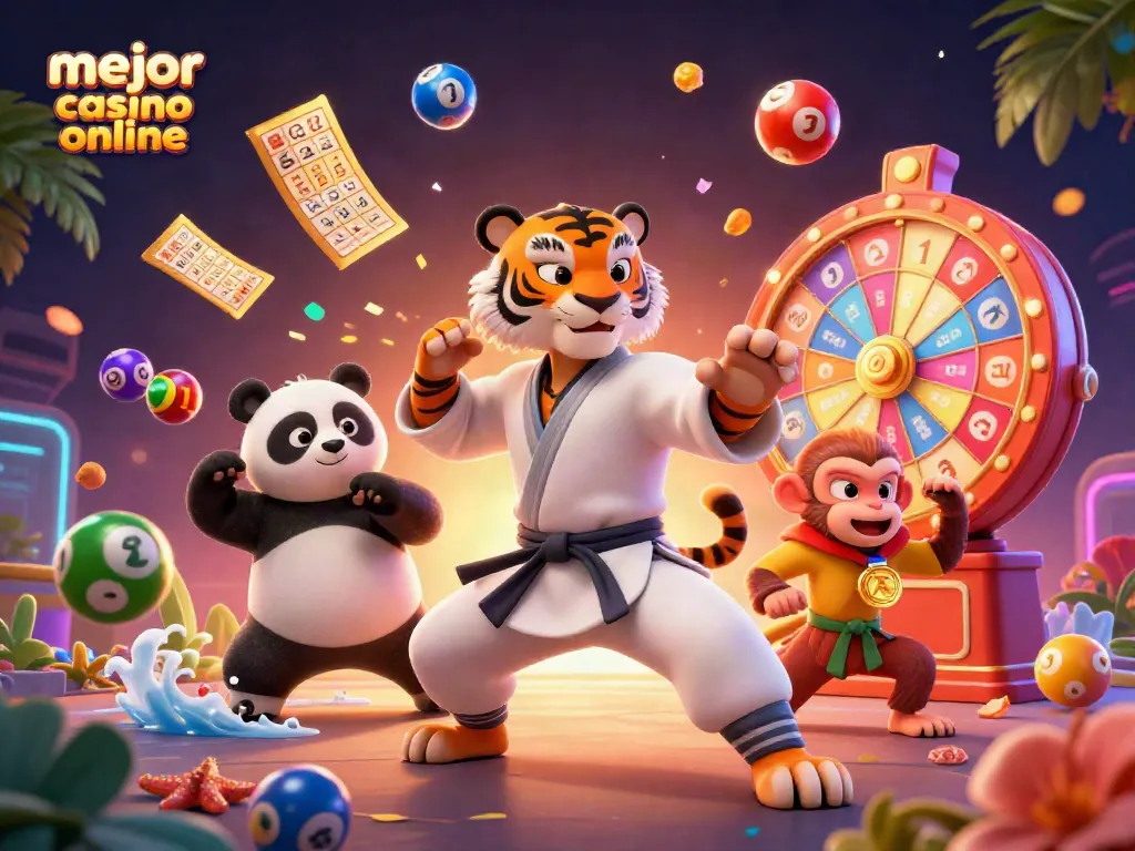 Disfruta del mejor casino online mientras un panda y un tigre muestran sus habilidades en un entorno vibrante.