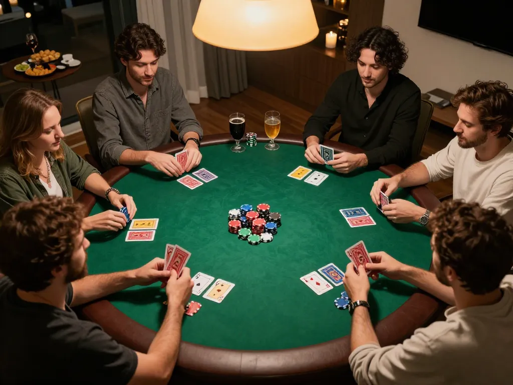 Players enjoying a friendly poker night focusing on maxpoker88 gameplay with vibrant chips and cards