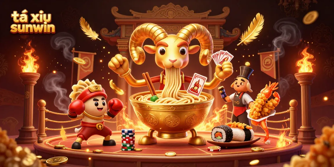 Tài xỉu sunwin game scene featuring a giant ramen bowl dealer and animated characters amidst flashy casino elements.