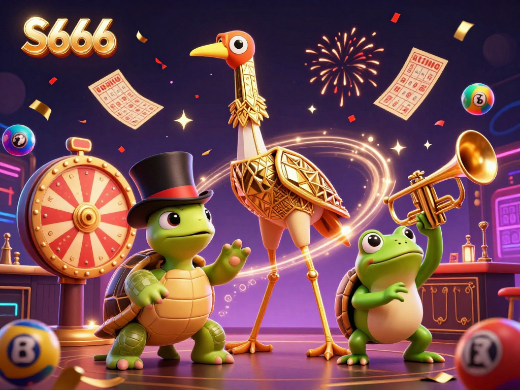 Experience vibrant lottery excitement with S666's colorful bingo and lottery elements in a lively casino illustration.