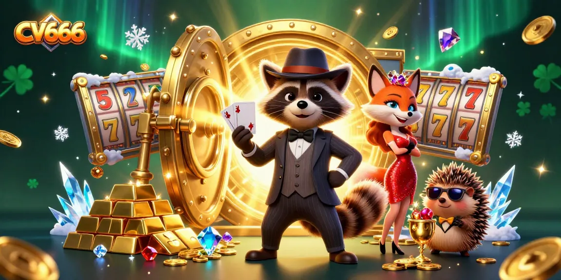 Experience high-stakes gaming at CV666 with a charming raccoon, fox, and hedgehog, surrounded by rich casino elements.