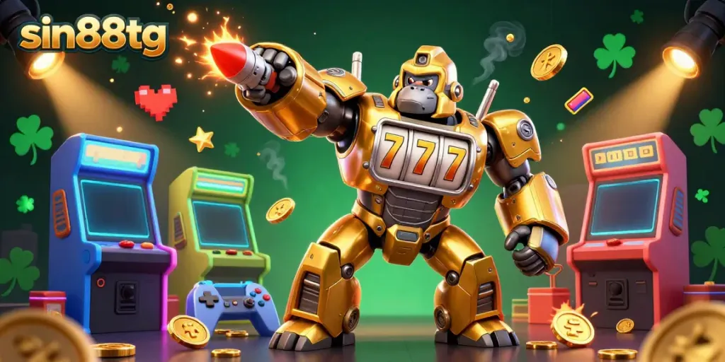 Experience the thrill of sin88tg with the golden gorilla mech bursting coins in an exciting casino scene.