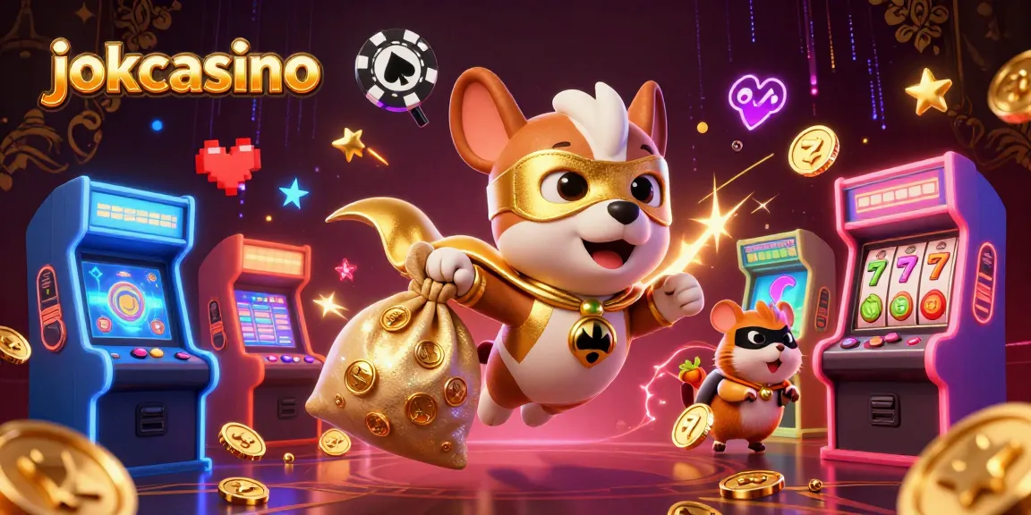 Win big with jokacasino in this vibrant scene featuring a superhero dog and arcade excitement.