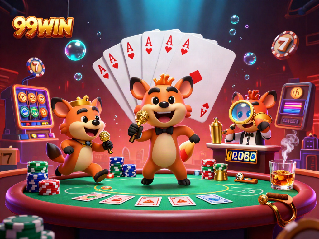 99WIN hyenas entertaining at a comedy casino with vibrant casino elements and lively ambiance.