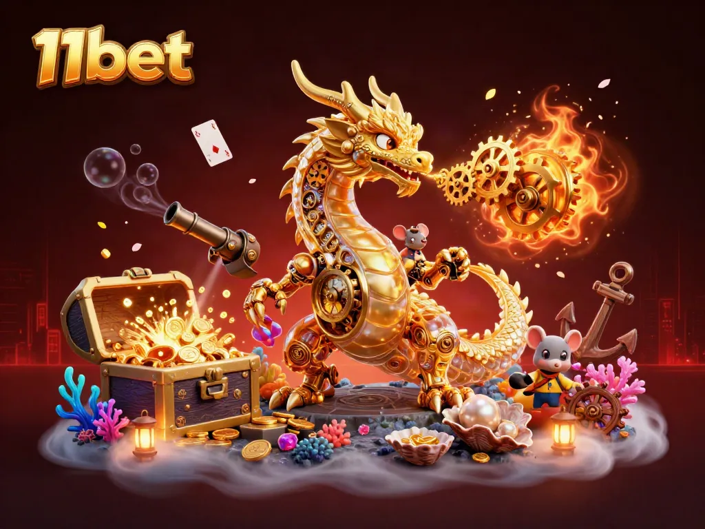Engage in thrilling gameplay with 11bet’s golden dragon and treasure-filled underwater scene.