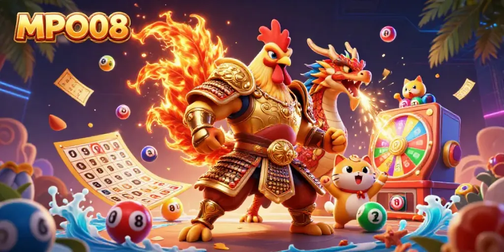 Engage with MPO08's dynamic scene featuring a rooster warrior, dragon hatchling, and vibrant gambling elements.