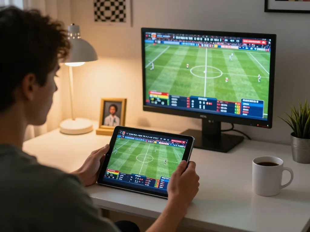 Bongdallu user engaged in online sports betting, analyzing live odds from tablet.