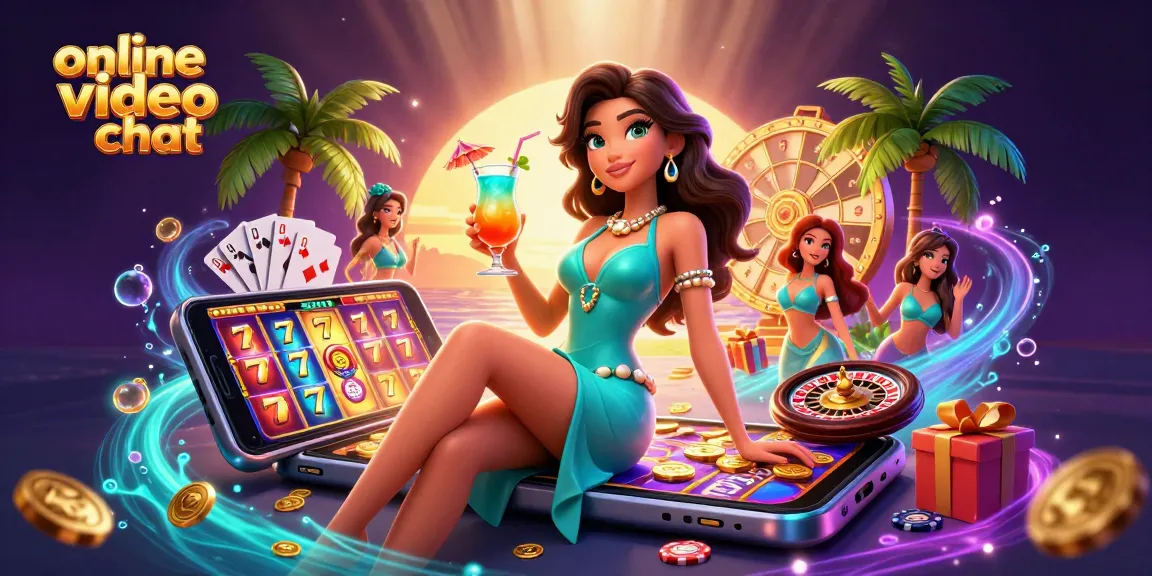 Engage in online video chat and gaming fun with colorful slot games and vibrant casino elements.
