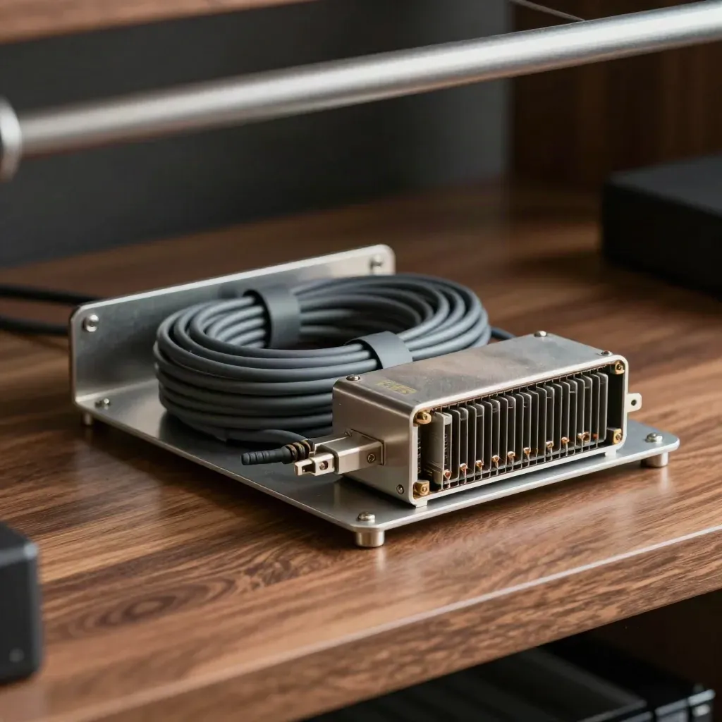 Server rail hardware, cable coil, and hot-swap power module on a dim maintenance bench.