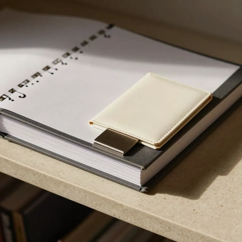 Closed technical binder with bookmark clip and reference card case on travertine in soft macro light.