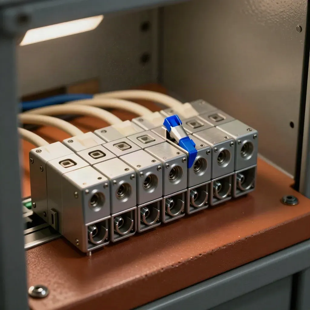 Macro of DIN-rail controllers, ferrules, and a terminal strip on a terracotta industrial tray.