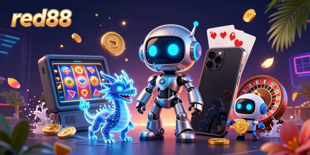 Experience immersive gaming action with red88, featuring a vibrant 3D cyberpunk casino scene.