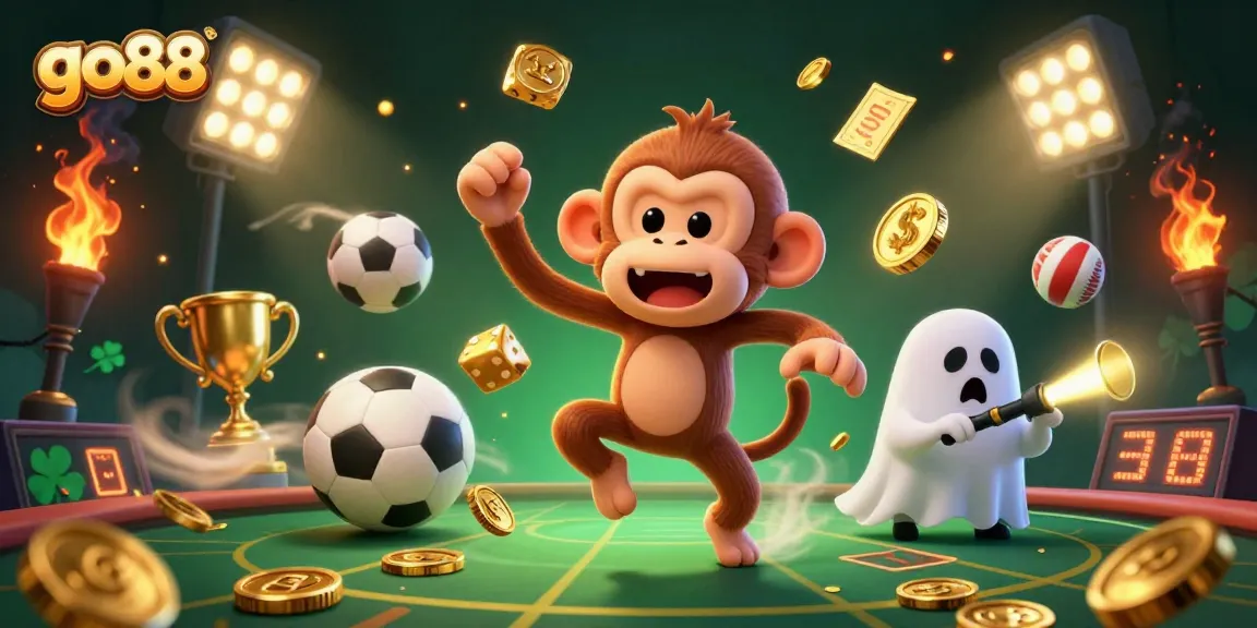 Experience winning excitement at go88 with a lively haunted casino scene featuring a playful ghost-hunter puppy.