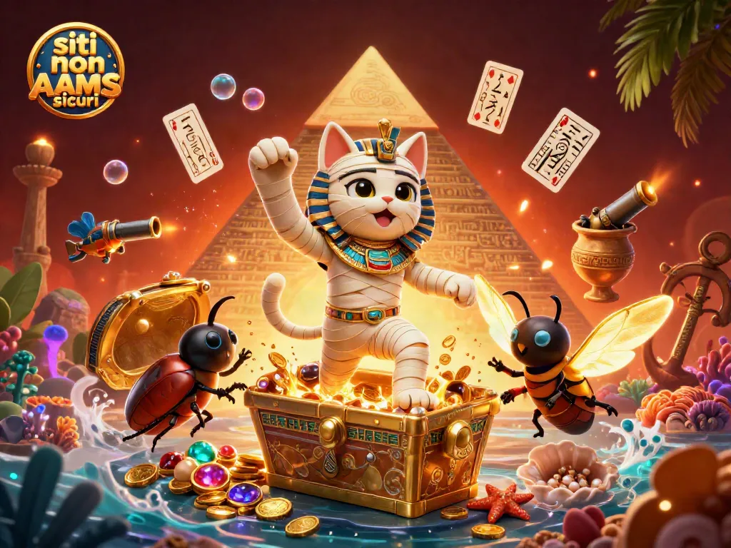 Scopri i siti non AAMS sicuri, con una mummia egiziana e elementi casinò in un'illustrazione vivace.