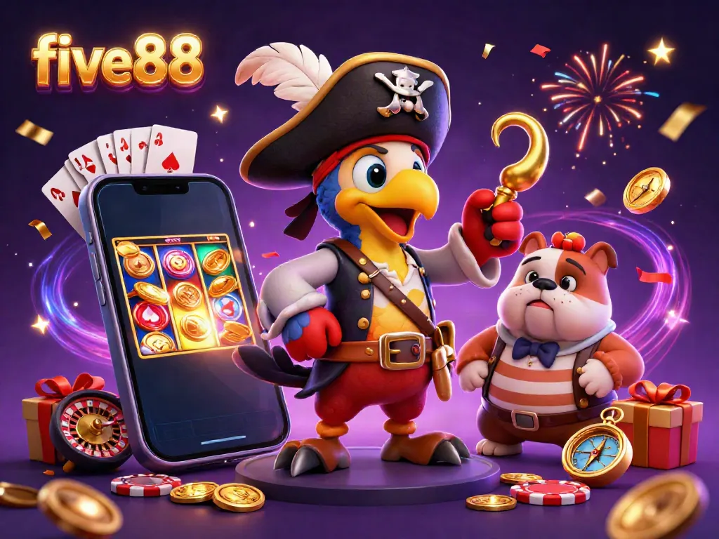 Experience the thrill at five88 with a vibrant 3D illustration showcasing iconic casino elements.