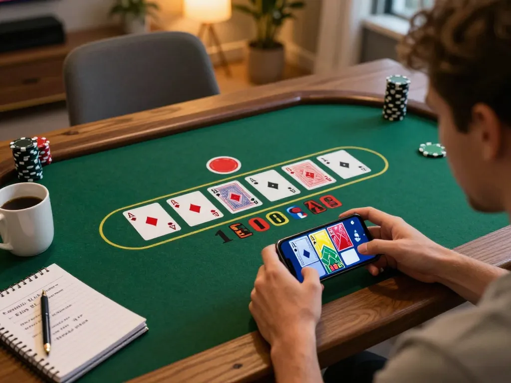 Người chơi KO66 thưởng thức blackjack với người chia bài trực tiếp trên smartphone cùng với ghi chú chiến lược bên cạnh