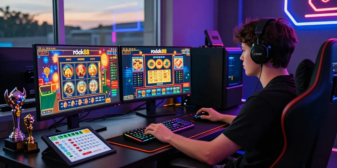 Engaged player using rokok88 slot login at modern gaming station with vibrant visuals.
