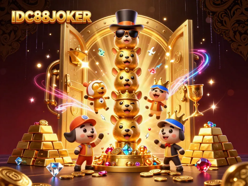 Immerse in the thrilling world of IDC88JOKER with a vibrant casino-themed illustration showcasing lively totem characters and treasure.