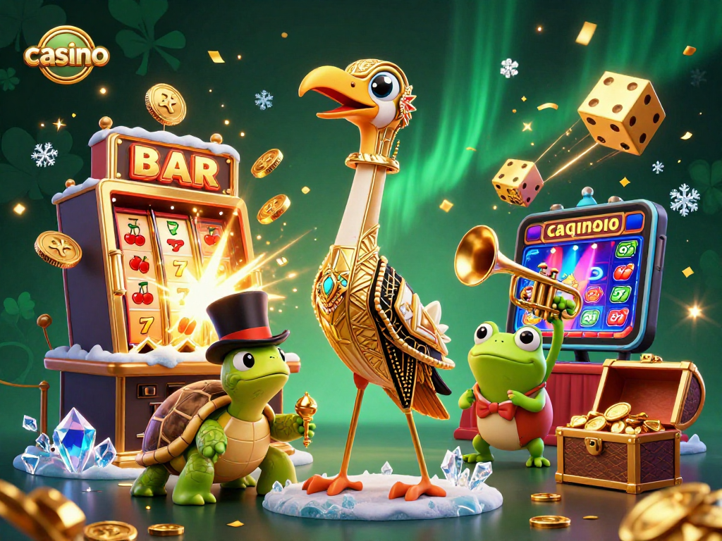 Engage with casino fun as cartoon characters celebrate jackpots amidst vibrant gaming elements.