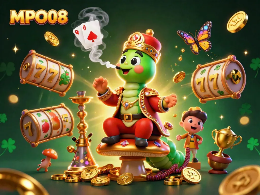 MPO08 captures the excitement of online slots with vibrant characters and dynamic elements in a lively casino environment.