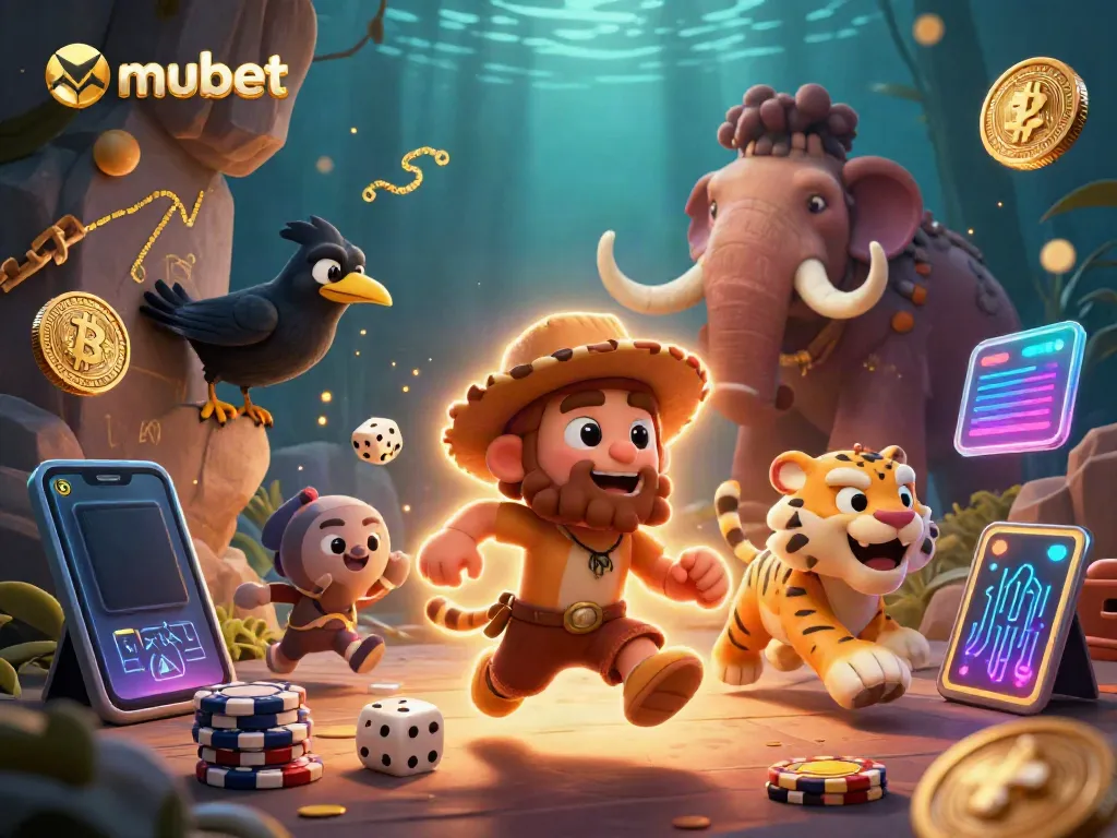 Engage with mubet's prehistoric casino adventure featuring a caveman duo and vibrant casino elements.