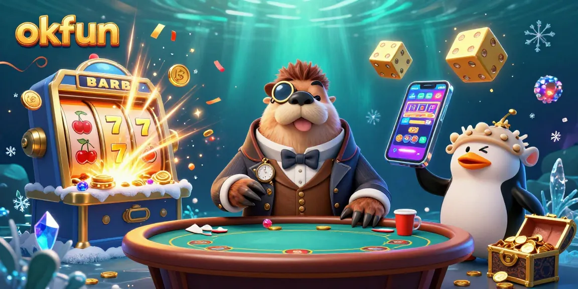 Engage with exciting casino adventures at okfun, featuring a lively cartoon walrus and thrilling games.