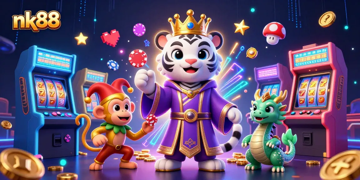 Engage with nk88's vibrant casino adventures with a whimsical white tiger, monkey, and jade dragon in a colorful gaming scene.
