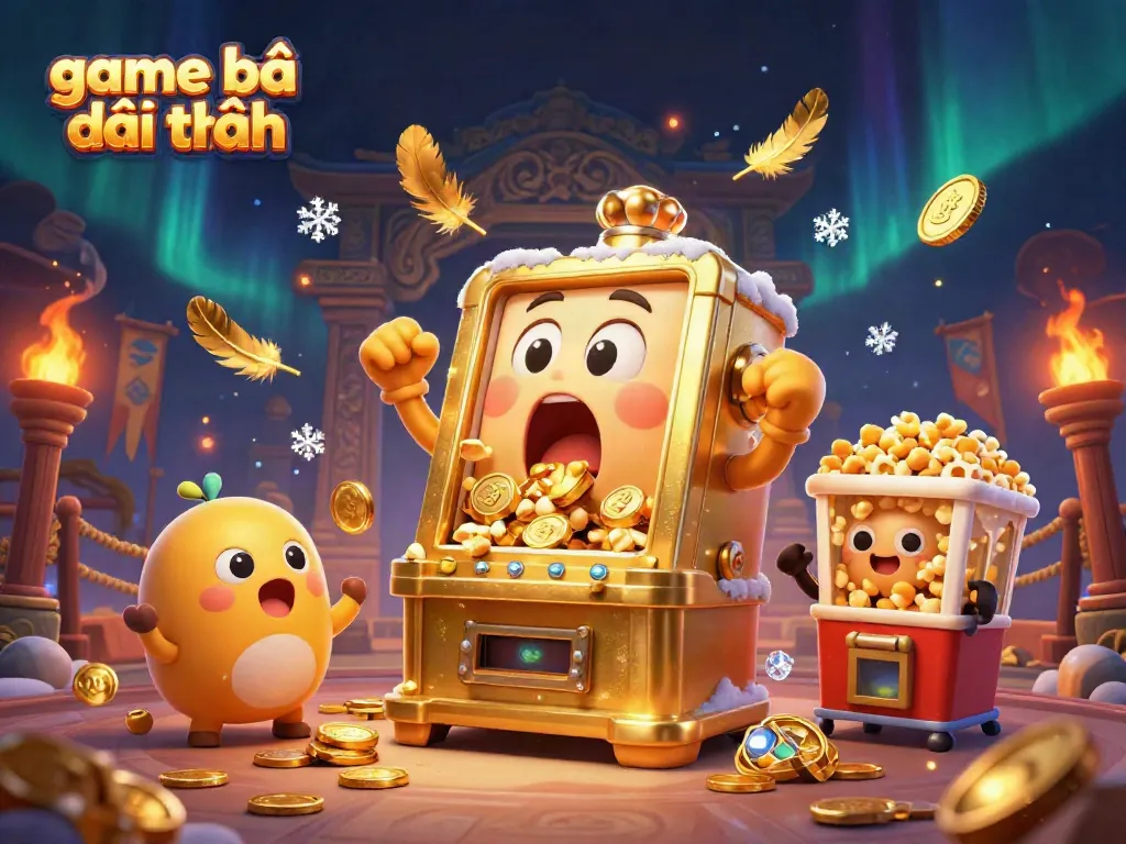 Gameplay action highlighting game bài đổi thưởng with a sentient golden slot machine celebrating wins amidst a vibrant casino backdrop.