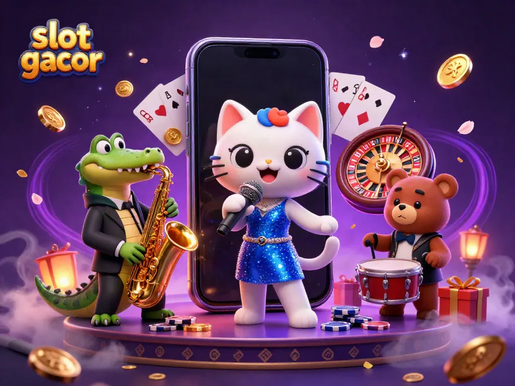 Experience the excitement of slot gacor with a jazzy musical scene featuring vibrant characters and festive casino elements.
