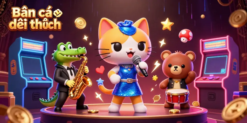Experience Bắn cá đổi thưởng with a colorful 3D gaming scene featuring lively characters and vibrant arcade elements.