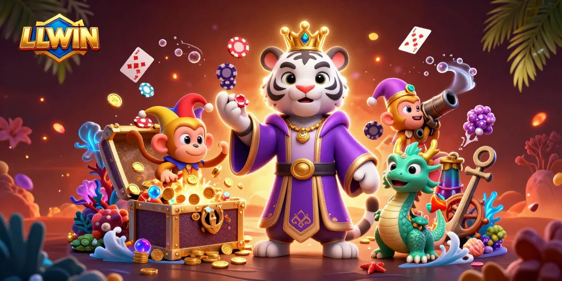 Experience LLWIN's underwater treasure adventure with a vibrant casino-themed 3D illustration.