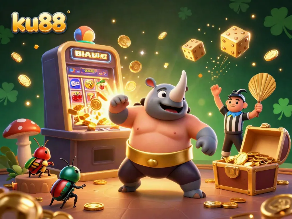 Engage in thrilling entertainment at ku88 with a dynamic 3D casino scene featuring a game champion and a jackpot.